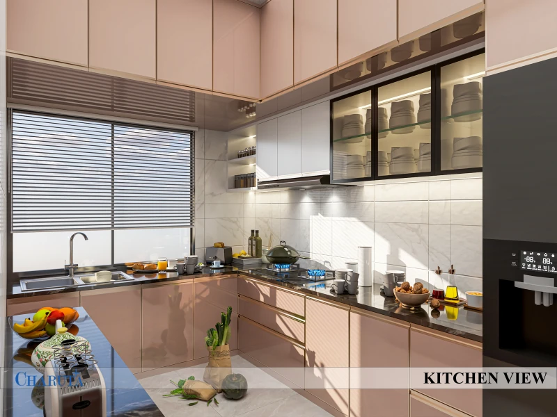 L-shaped modular kitchen design service installation with quartz countertop in Banani Dhaka apartment